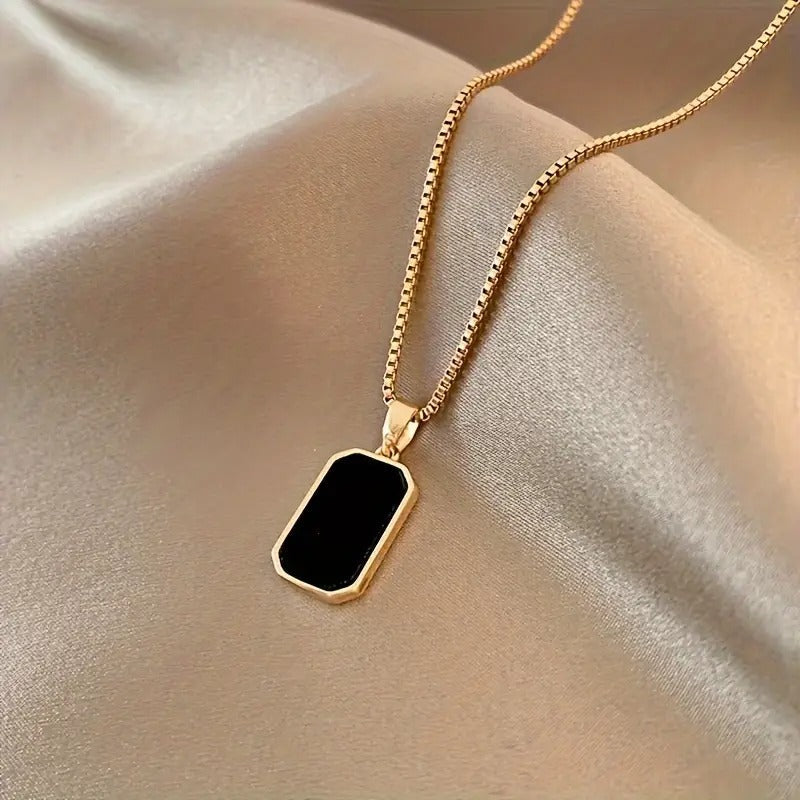 Elegant 18K Gold-Plated Stainless Steel Black Rectangular Pendant Necklace
